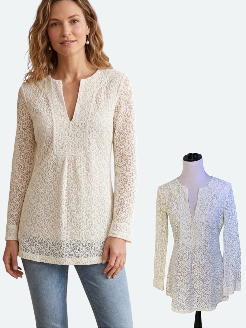 Liz Claiborne Lace Semi Sheer Boho Baby Doll Tunic Top Ivory Cream Size Small